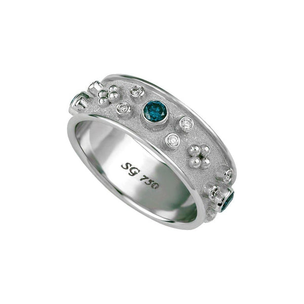 18 Karat White Gold White and Blue Diamond Band Ring