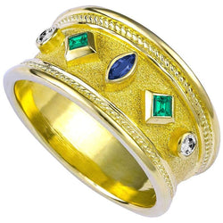 18 Karat Yellow Gold Emerald Sapphire and Diamond Ring