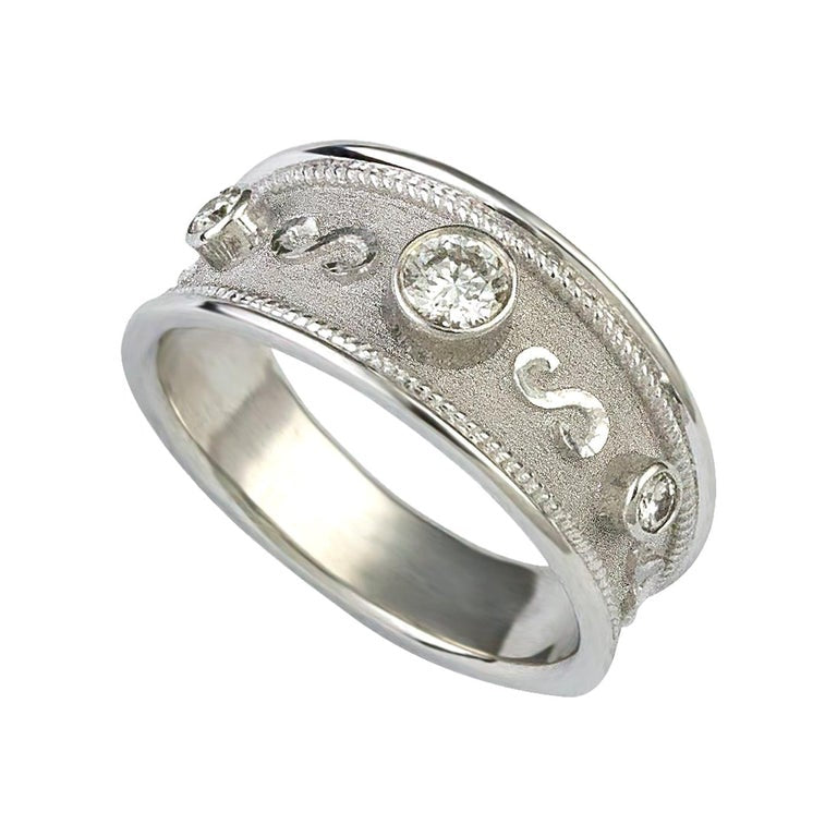 18 Karat White Gold Diamond Ring with Granulation
