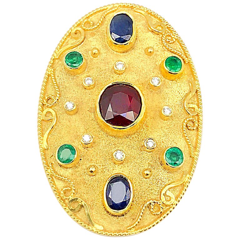 18 Karat Yellow Gold Ruby Emerald Sapphire Brooch Pendant