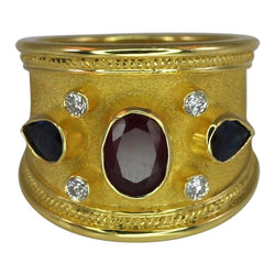 18 Karat Yellow Gold Ruby Pear Sapphire Diamond Ring