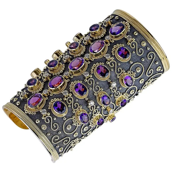 Georgios Collections 18 Karat Solid Gold Diamond Cuff Bracelet with Amethysts
