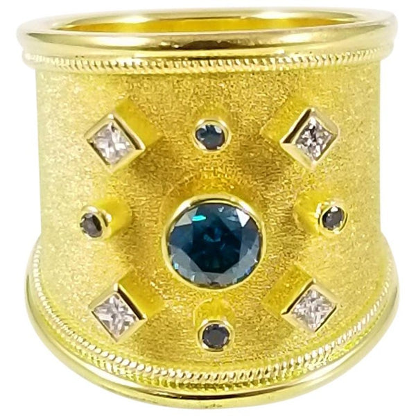 18 Karat Yellow Gold Blue and White Diamond Thick Band Ring