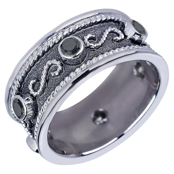 18 Karat White Gold Byzantine Ring With Black Diamonds
