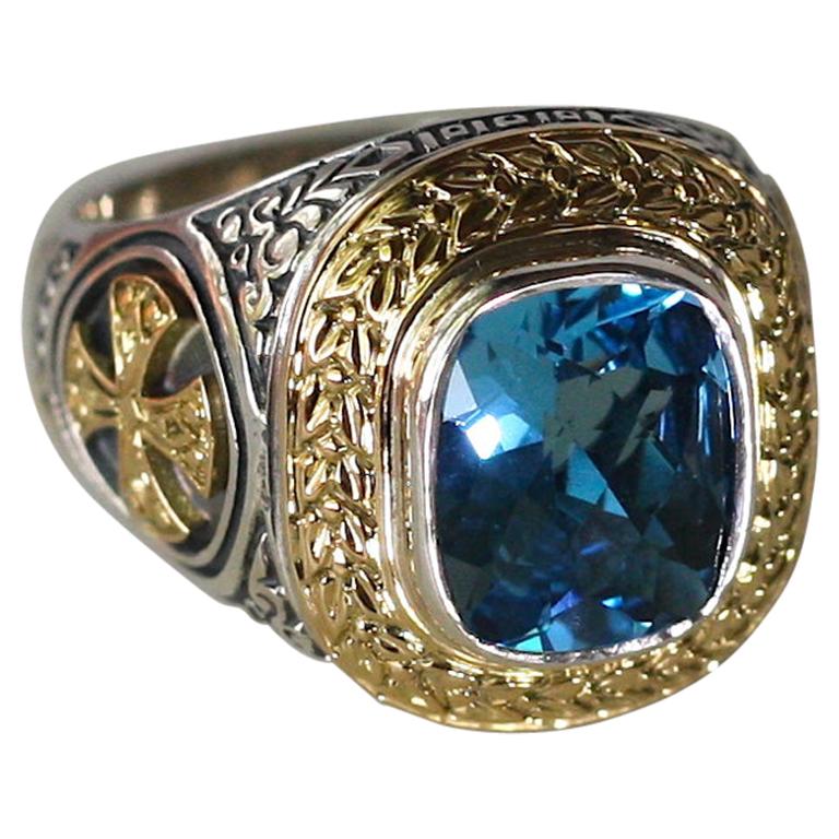 18 Karat Gold and Silver Cross Ring with Sky Blue Topaz