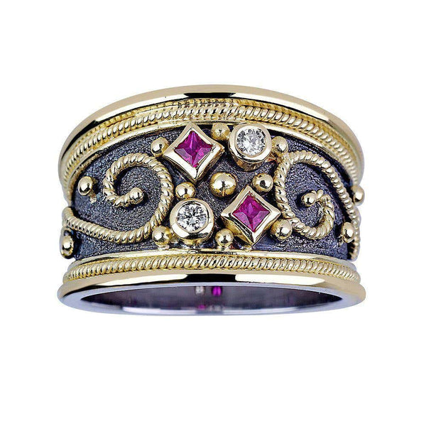 18 Karat White and Yellow Gold Diamond Ruby Wide Band Ring