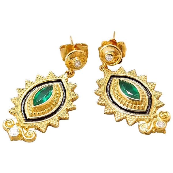18 Karat Yellow Gold Diamond Emerald Two-Tone Earrings