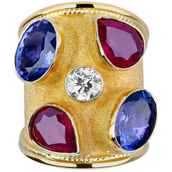 18 Karat Yellow Gold Diamond Tanzanite and Ruby Thick Ring