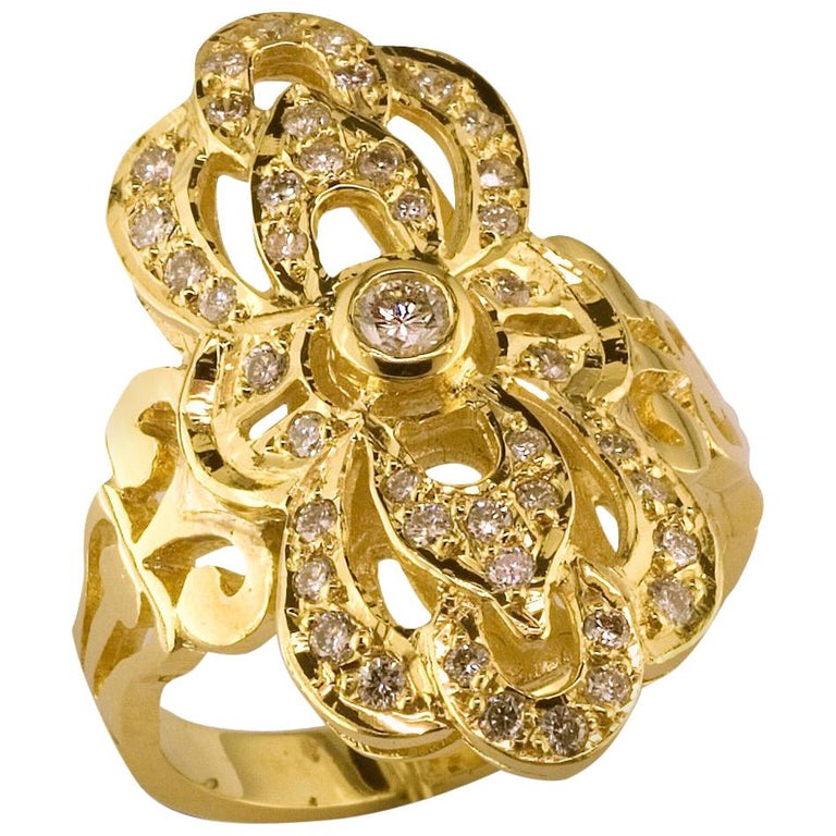 18 Karat Yellow Gold Diamond Byzantine Style Long Ring