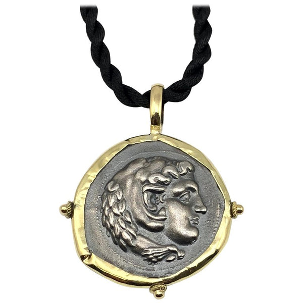 18 Karat Gold and Silver Coin Pendant Necklace Of Hercules