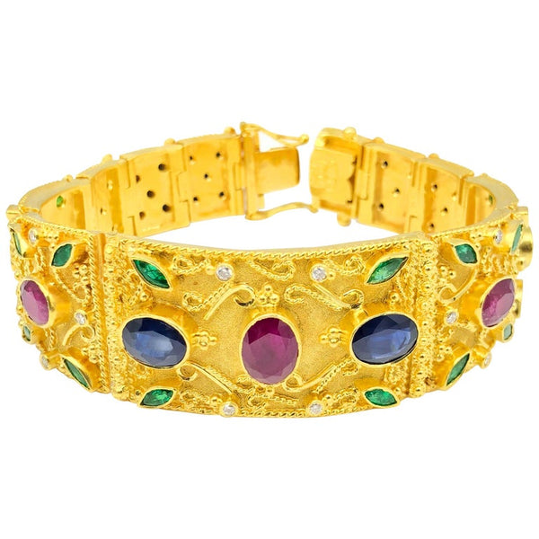 18 Karat Gold Ruby Emerald Sapphire Diamond Wide Bracelet