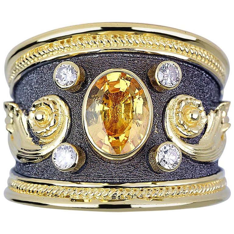 18 Karat Gold Diamond Ring with Sapphire and Black Rhodium