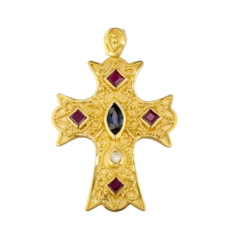 18 Karat Yellow Gold Diamond Cross with Sapphires and Rubys