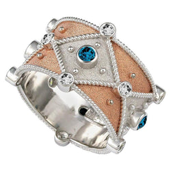 18 Karat White Gold Blue White Diamond Granulation Ring
