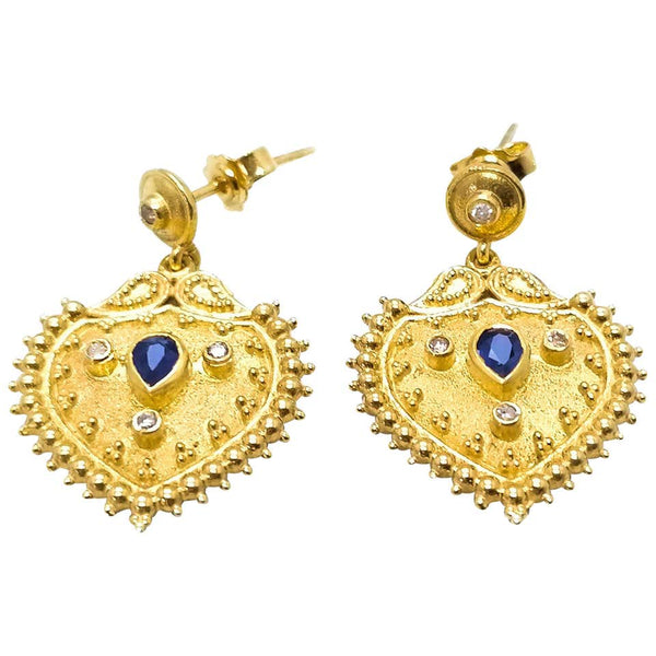 18 Karat Yellow Gold Diamond Sapphire Drop Earrings