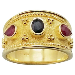 18 Karat Yellow Gold Sapphire and Ruby Byzantine Band Ring