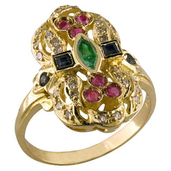 18 Karat Yellow Gold Byzantine Style Multicolour Gem Ring