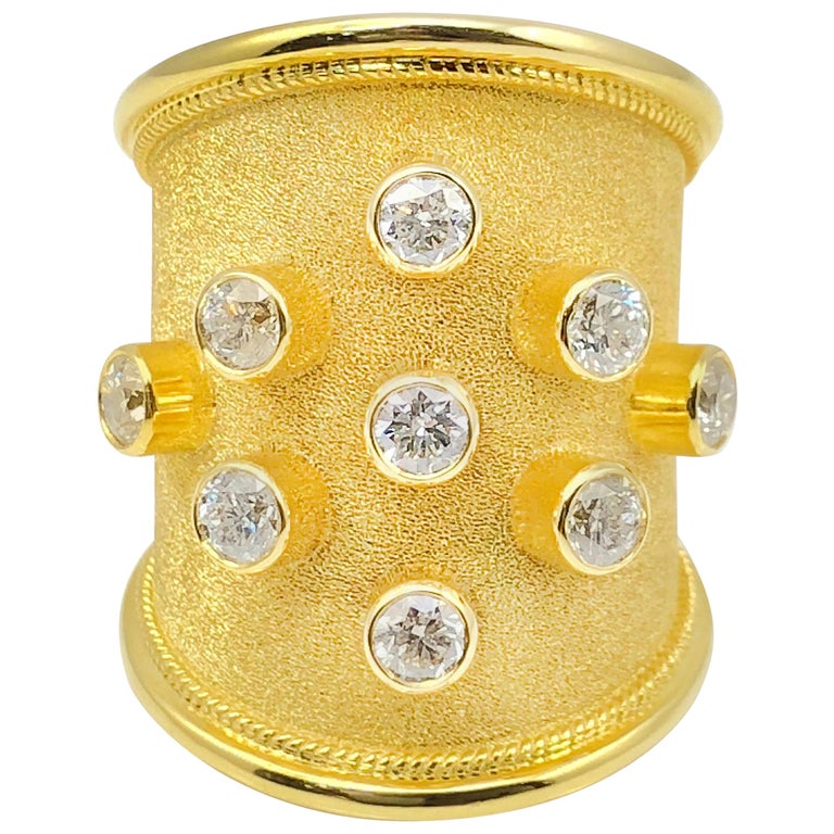 18 Karat Yellow Gold Thick Diamond Byzantine Wide Ring