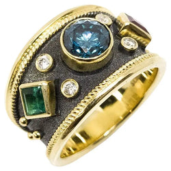 Georgios Collections 18 Karat Gold Blue Diamond Emerald Ruby Ring with Rhodium