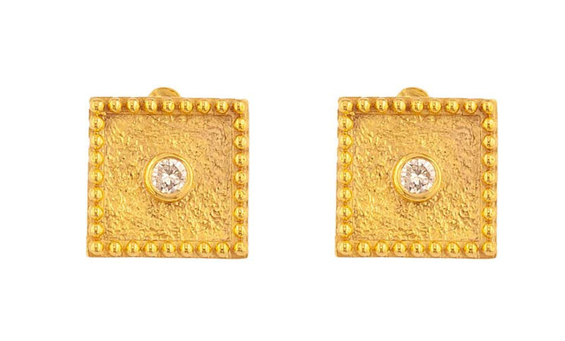 18 Karat Yellow Gold Solitaire Diamond Square Stud Earrings