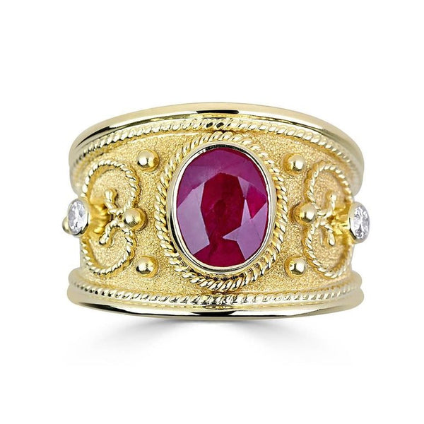 18 Karat Yellow Gold Byzantine Style Ruby and Diamond Ring