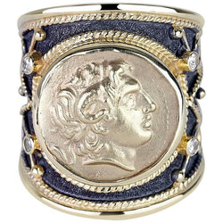 18 Karat Gold Diamond Ring with Alexander the Great Coin