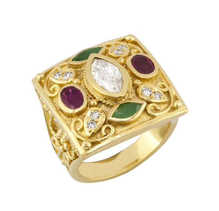 18 Karat Yellow Gold Diamond Ring With Emeralds and Rubies
