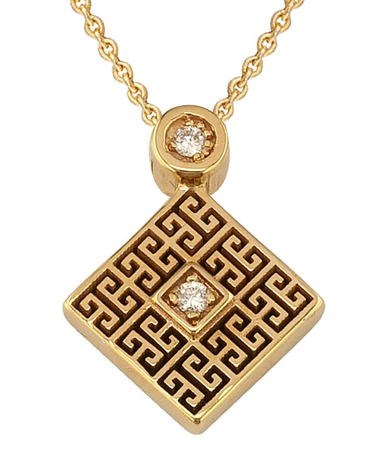 18 Karat Yellow Gold Diamond Greek Key Pendant Necklace