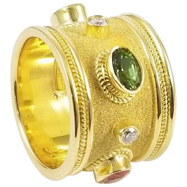 18 Karat Yellow Gold Diamond and Multi Sapphire Band Ring