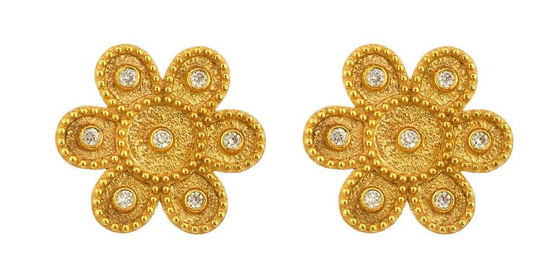 18 Karat Yellow Gold Diamond Round Flower Stud Earrings