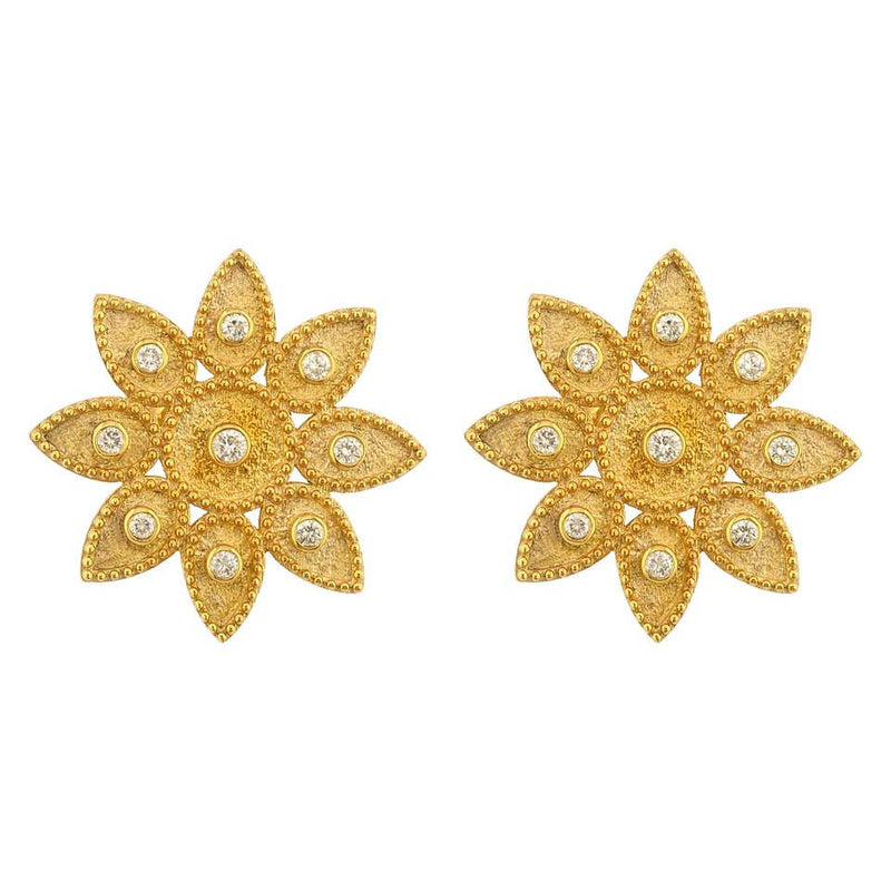 18 Karat Yellow Gold Diamond Sunburst Stud Round Earrings
