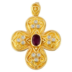 18 Karat Gold Ruby Cross with Diamonds and Granulation work