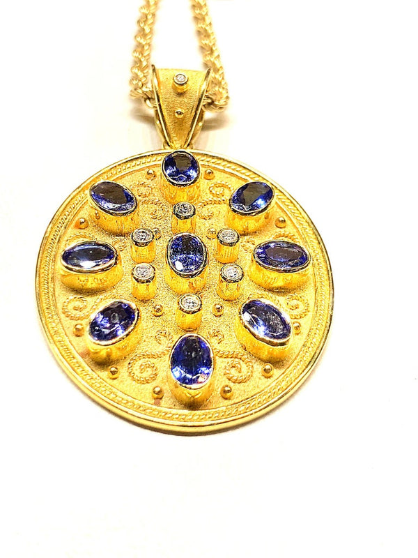 18 Karat Yellow Gold Tanzanite and Diamond Necklace Pendant