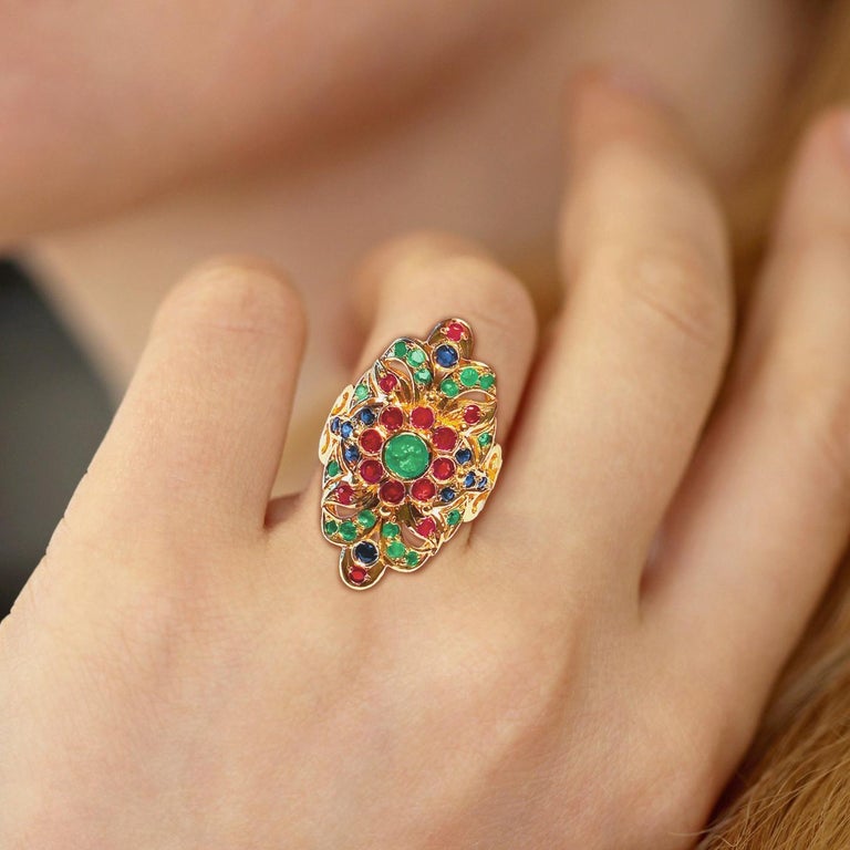 18 Karat Yellow Gold Emerald Ruby Sapphire Byzantine Ring