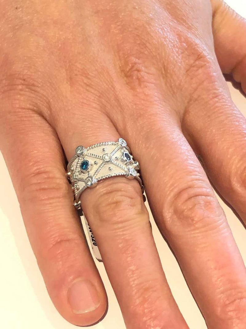 18 Karat White Gold Blue and White Diamond Granulation Ring