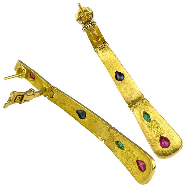 18 Karat Yellow Gold Ruby Sapphire Emerald Long Earrings