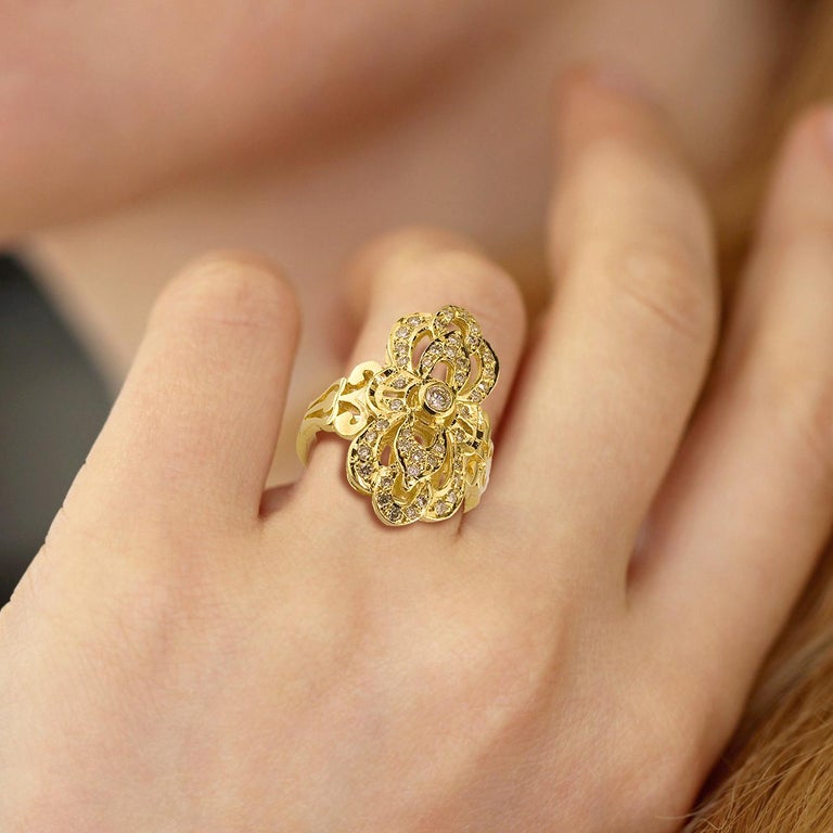 18 Karat Yellow Gold Diamond Byzantine Style Long Ring