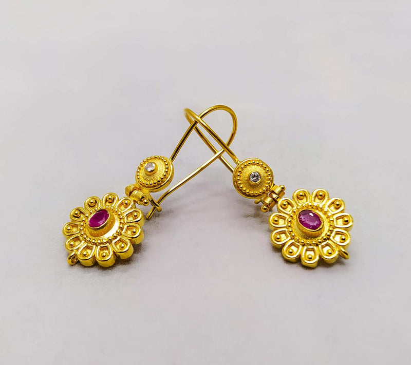 18 Karat Yellow Gold Diamond and Ruby Floral Drop Earrings