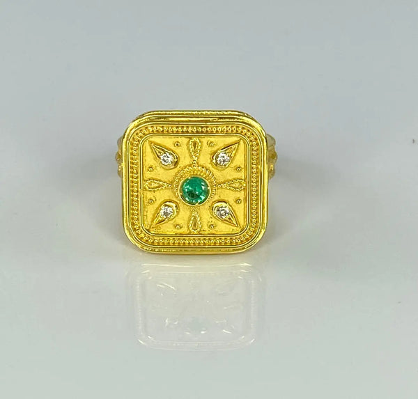18 Karat Gold Square with Granulation Emerald Diamond Ring