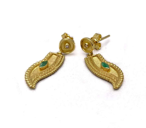 18 Karat Yellow Gold Diamond Emerald Feather Drop Earrings
