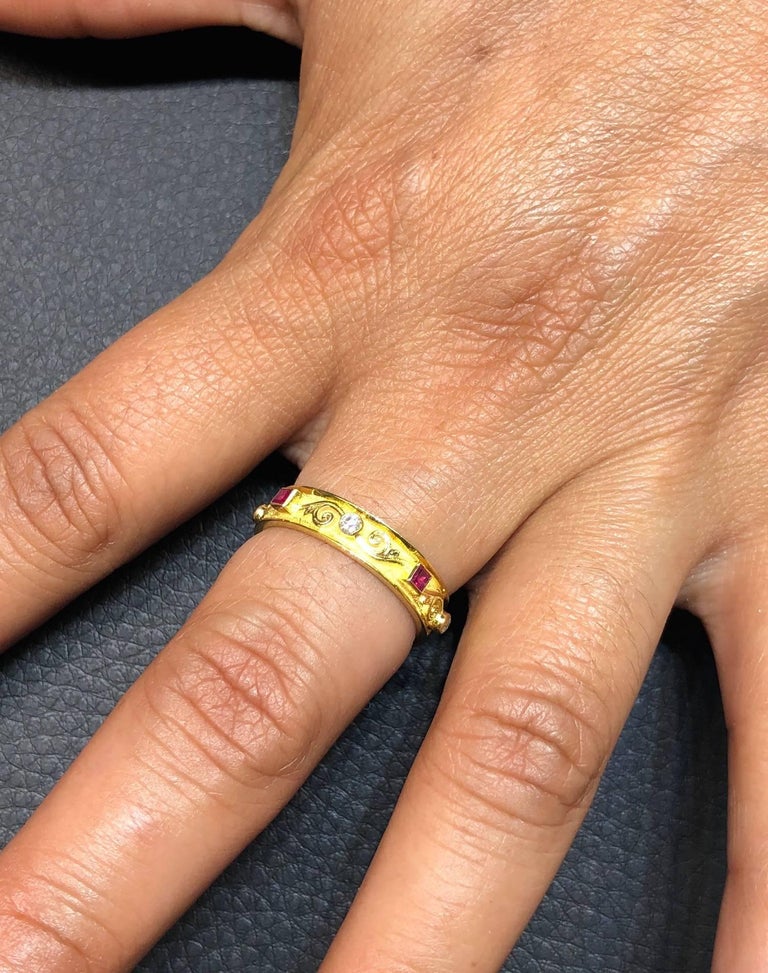 18 Karat Yellow Gold Thin Diamond Ruby Handmade Band Ring