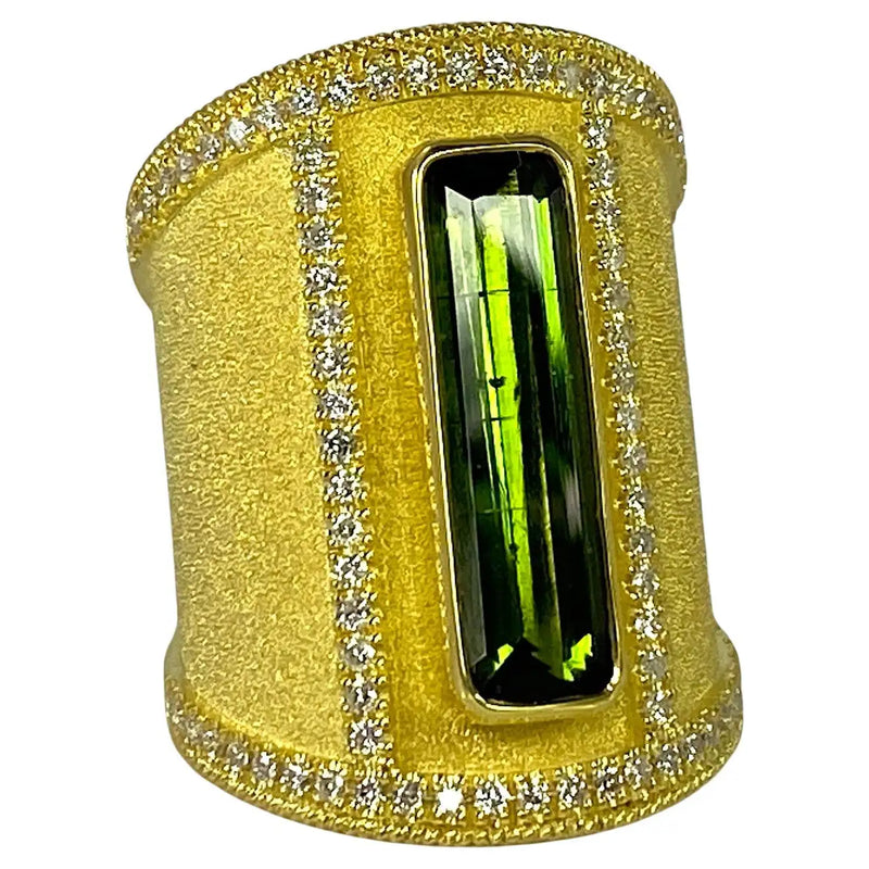 18 Karat Yellow Gold Tourmaline and Diamond Wide Ring