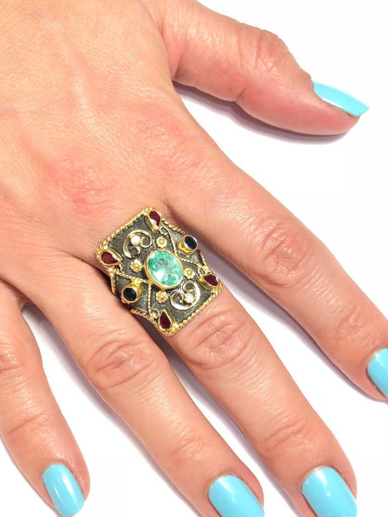18 Karat Gold Emerald Ruby Sapphire and Black Rhodium Ring