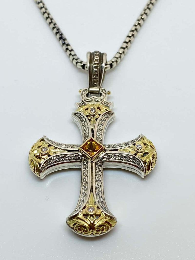 18 Karat Gold and Silver Diamond and Sapphire Cross Pendant