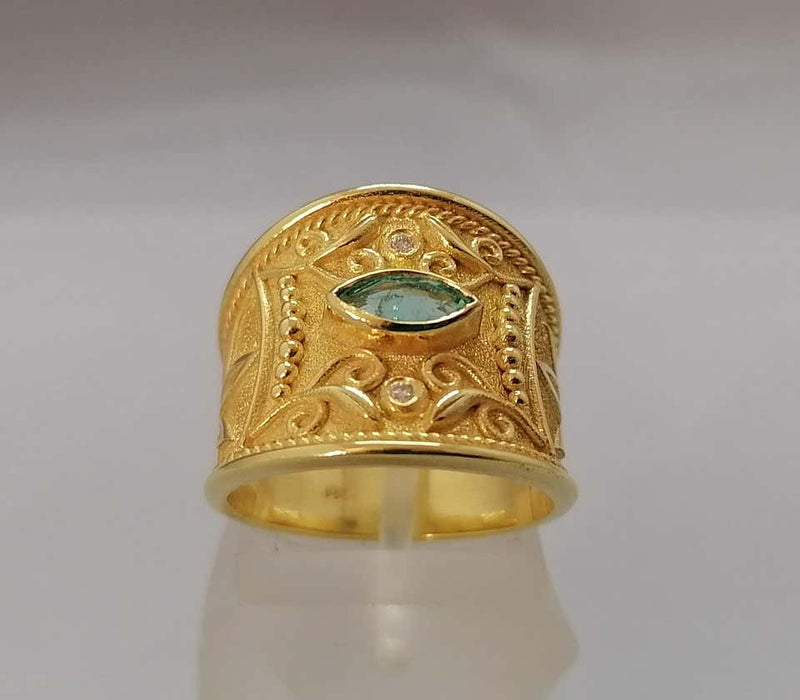 18 Karat Yellow Gold Emerald and Diamond Wide Band Ring