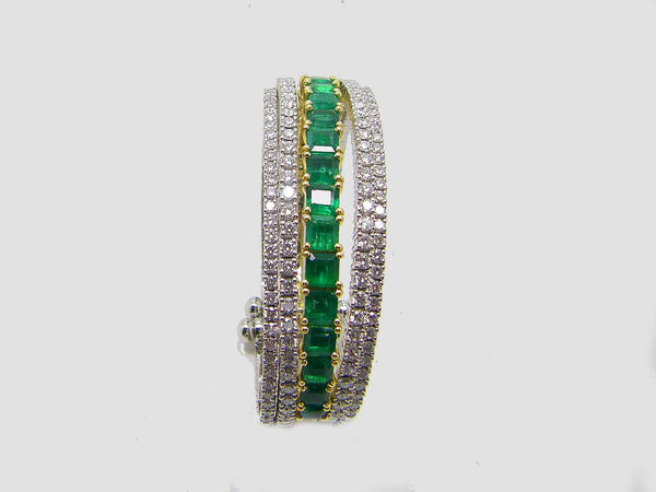 18 Karat White Yellow Gold Emerald and Diamond Cuff Bracelet
