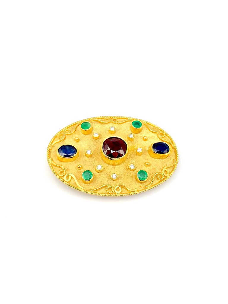 18 Karat Yellow Gold Ruby Emerald Sapphire Brooch Pendant