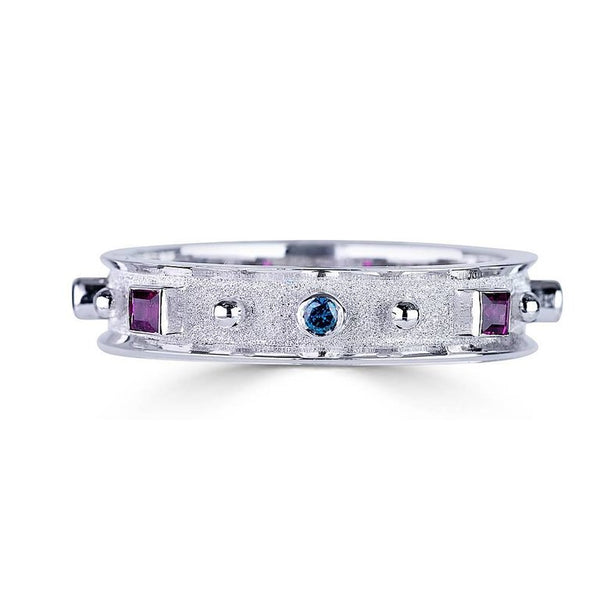 18 Karat White Gold Band Ring with Rubies and Blue Diamonds