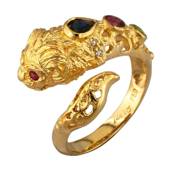 18 Karat Yellow Gold Diamond Sapphire Lions Head Band Ring