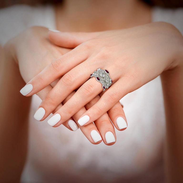 18 Karat White Gold Diamond and Ruby Granulation Band Ring